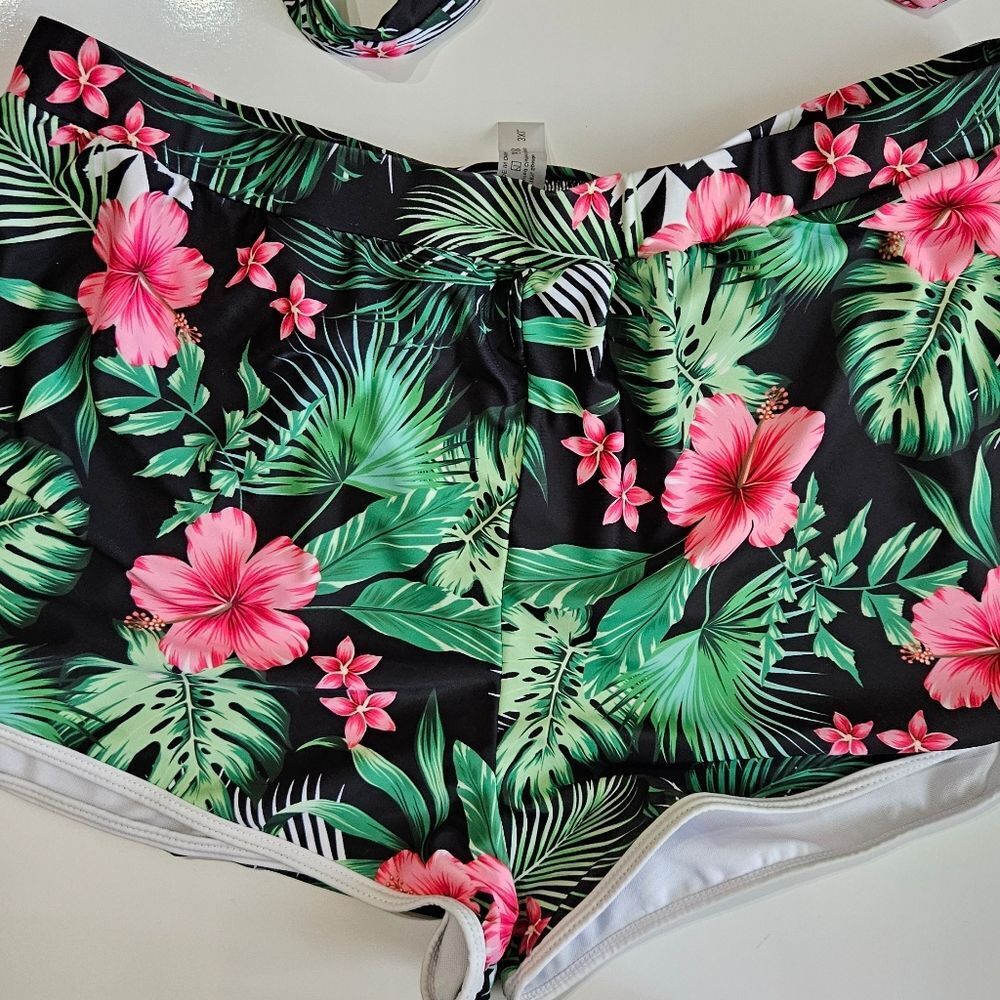 Floral Tie-Front Bikini Top & High-Waist Swim Shorts - Black with Pink Floral - Picture 3 of 11